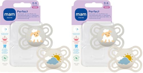 MAM Perfect Schnuller | 0-6 Monate | Schnuller für Neugeborene | 94% Akzeptanz | beugt Zahnfehlstellungen vor | Babyschnuller mit Zahnmedizinern entwickelt | SkinSoft Silikon | Schaf/Sonne | 2 Stück