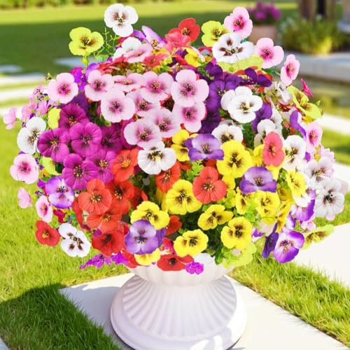 Tosoda 12 Bundles Artificial Pansy Flowers for Indoor Outdoor Realistic UV Resistant for Winter and Spring Garden Decor, Graves, Window Boxes, Hanging Baskets (Mixed Colors)
