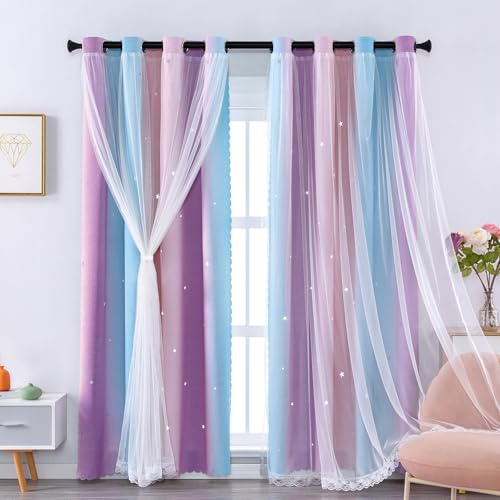 Rideau occultant pour chambre à coucher, double couche, 86 x 114 cm, en polyester avec voile motif étoiles, porte coulissante, multicolore, rose, bleu-violet/86/114