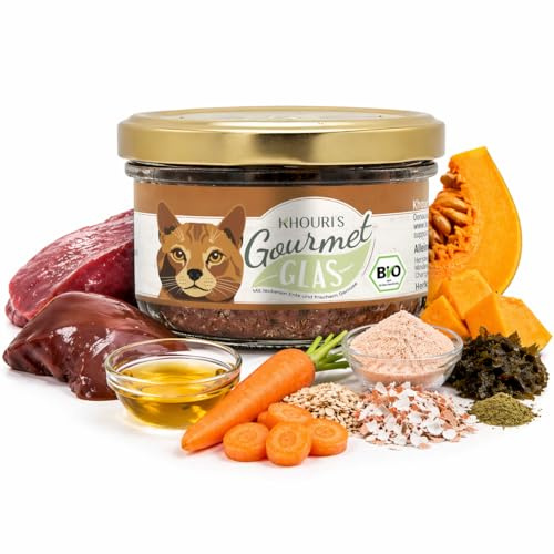 Khouri's Bio-Gourmet Glas Katzennassfutter, Bio-Ente mit Gemüse, 100% Lebensmittelqualität, Pastete, 6 x 200 g, für alle Rassen