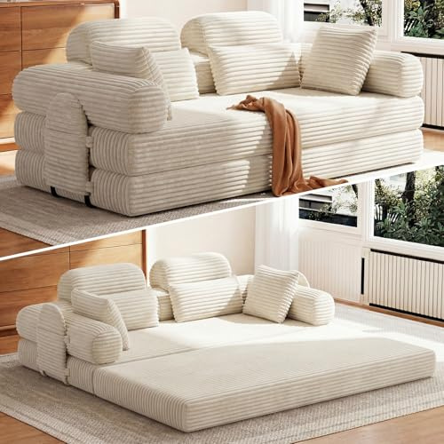 HOMRELEXA Schlafsofa 200cm Breit, Cord Boneless Couch mit Hohe Rückenlehne | Bodensofa Bed Abnehmbare Integrierte Kopf- und Lendenstütze, 2 Zierkissen, Seitentasche, Sofa mit schlaffunktion, Beige