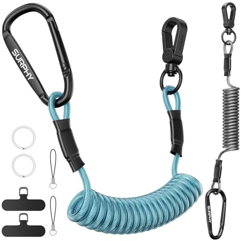 SURPHY Retractable Phone Lanyard, Phone Tether Tab & Metal Keychain Hook, Anti-theft Phone Strap Coiled Cord Lanyard for Skiing Outdoor