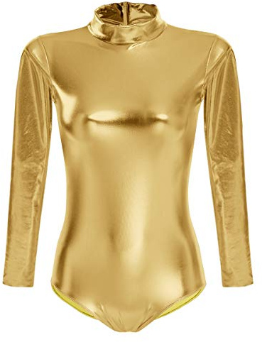 FYMNSI Damen Glänzende Ballettanzug Ballettbody Sport Tanz Body Gymnastikanzug Trikot Langarm Bodysuit Metallic Wetlook Einteiler Turnanzug Leotards Overall Lack Leder Oberteile Top Kostüm Gold S