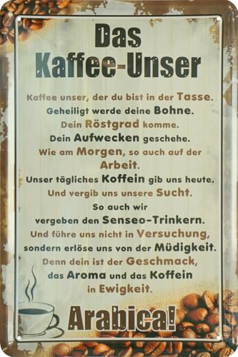 WOGEKA ART Retro Blechschild Das Kaffee-Unser: Geheiligt werde Deine Bohne witziger Spruch als Geschenk-Idee zum Geburtstag Weihnachten zur Dekoration 20x30 cm Vintage-Design aus Metall 733