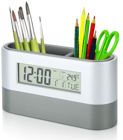 HERCHR Pen Holder for Desk Digital Alarm Clock LCD Display with Temperature Perpetual Calendar Display Digital Alarm Clock Desk Pencil Pen Holder Organizer 5.9x1.9x3.2in for Office Student Adult