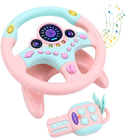 deAO Lenkrad Spielzeug für Kinder 360 ° Rotation mit Schlüsselanhänger | Simulierter Tragbarer Fahrregler mit Klang und Musik, Auto Lernspielzeug, Pädagogisches Geschenk für Kleinkinder Kinder, Rosa