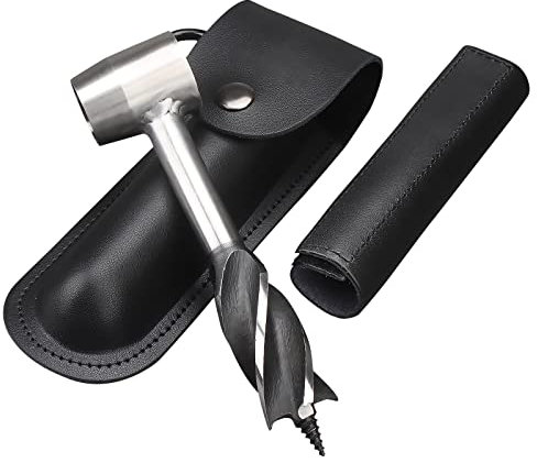 KOBONA Manueller Schlangenbohrer, Handbohrer Bagger Schnecke, Scotch Eye Holz Schlangenbohrer mit Lederhülle, Bushcraft Hand Schlangenschlüssel Survival Settlers Tool, for Outdoor Camping