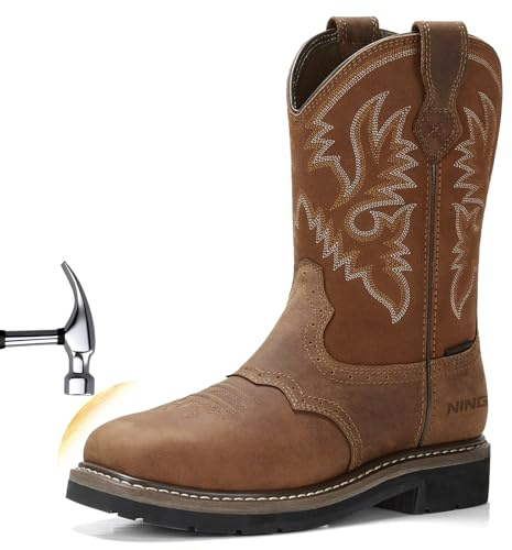 HISEA NINGO Men's Western Cowboy Boots Square Toe Steel/Soft Toe Work Boots Men's Safety Toe Leather Work Boots