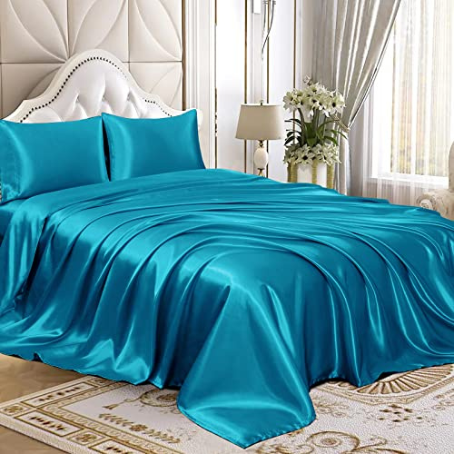 Homiest 4pcs Satin Sheets Set Luxury Silky Satin Bedding Set with Deep Pocket, 1 Fitted Sheet + 1 Flat Sheet + 2 Pillowcases (King Size, Turquoise)