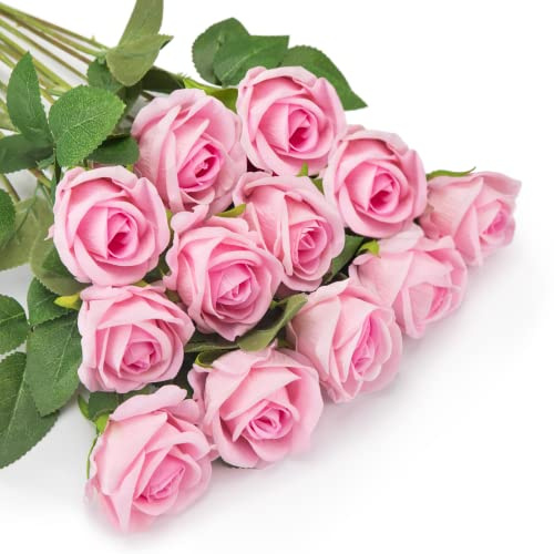 OWLKELA 12 Stück künstliche Rosen, künstliche Flanellblumen, einzelner langer Stiel blüht mit Rosenknospen, realistische dekorative Blumen für Hochzeit, Garten, Geburtstagsparty-Dekoration (rosa)