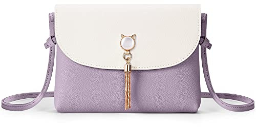 KALIDI Liten axelremsväska med söt kattform tofsar PU-läder crossbody telefon handväskor för flickor damer, Lila, Small