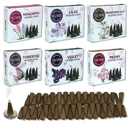 Trumiri Conos de incienso Blossom - Paquete variado de 60 conos de incienso (6 aromas x 10 conos) - Peonía, lila, violeta, madreselva, jacinto, tuberosa
