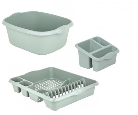 Aurora - Plastic Rectangular Washing Up Bowl, Large Dish Drainer Rack Plate Holder Kitchen Sink & Large Sink Tidy Cutlery Drainer Holder Caddy Set of 3 (Silver Sage)