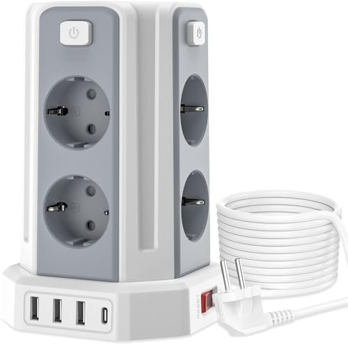 Sameriver 5M Torre Regletas Enchufes, Regleta USB 8 Tomas de AC Corrientes y 4 USB, 2500W/10A, Regreltas Vertical con Interruptor para Mesa, Oficia, Casa…