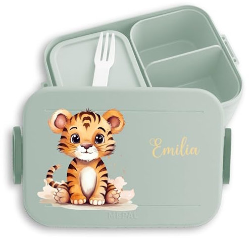 Kinder Bento Box Midi Lunchbox für Mepal Bentobox - Zootiere - Tiger - 900 ml - Sage Grün - personalisierte brotdose essen lunch bento-lunchbox fächern herausnehmbaren children's children