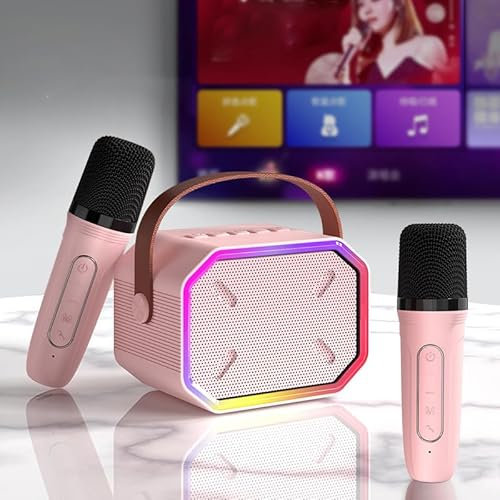 Mini Karaoke Machine 2 Microphones, Portable Karaoke Machine with Voice Changing Effects and Colorful LED Lights, Karaoke Machine for Kids, Toys Gifts for Birthday Party Home KTV (Pink)