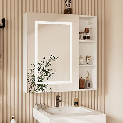 KEEPREAPER Spiegelschrank Bad mit Beleuchtung und Entnebelungsfunktion | Badschrank hängend mit Spiegel und 3 Einlegeböden, Badezimmerschrank für Badezimmer modern, 70x13x70cm
