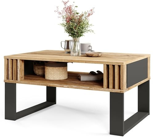 Viosimc Moderner Couchtisch mit Holzdekor-Lamellen, Rechteckiger Wohnzimmertisch mit Regal und Dekorativen Lamellen, Eleganter Zentraler Tisch für Wohnzimmer im Zeitgenössischen Design