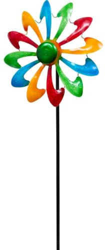 Kinetic Art Windspiel Metall Windrad kugelgelagert - Windmühle inkl. Bodenanker wetterfest standfest ideal für Terrasse und Garten (Windmill Multi Color, Single)