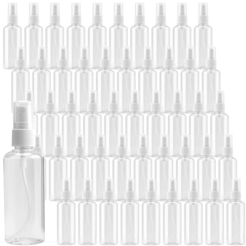 MOUYAT 50Pcs Small Spray Bottle, Plastic 50ml Spray Bottles, Travel Clear Atomiser Bottle, Makeup Spray Bottles with Cap, Empty Refillable Mist Containers for Travel, Makeup