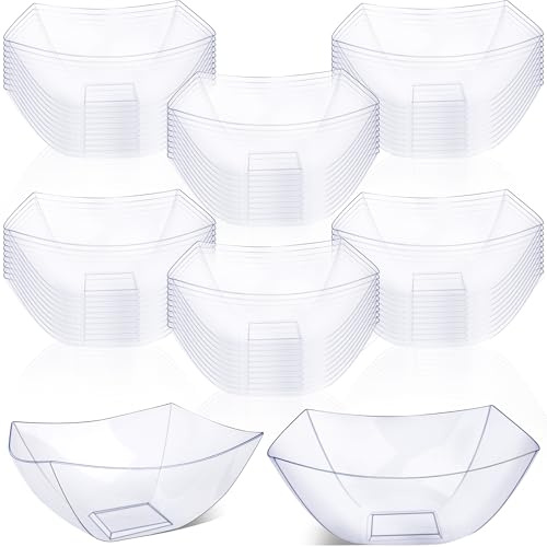 Drayear 60 Pcs 8oz Square Salad Bowls Plastic Clear Small Square Serving Bowls for Birthday Weddings Party Family Gathering, 2 Sizes (8 oz)