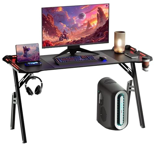 Kuro-sagol Bureau Gaming 140 x 60 cm, Bureau Gamer Informatique Ergonomique en Fibre de Carbone, avec Porte Gobelet et Crochet pour Casque, Noir