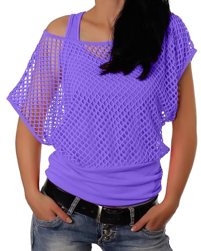 80er 90er Jahre Outfit Damen, Netzoberteil, Mesh Oberteil, Neon Shirt Aerobic Kostüm Sexy, Off Shoulder 80s Kleidung Sommertops Schlager Mottoparty Karneval,90er Jahre Outfit Neon Party Outfit