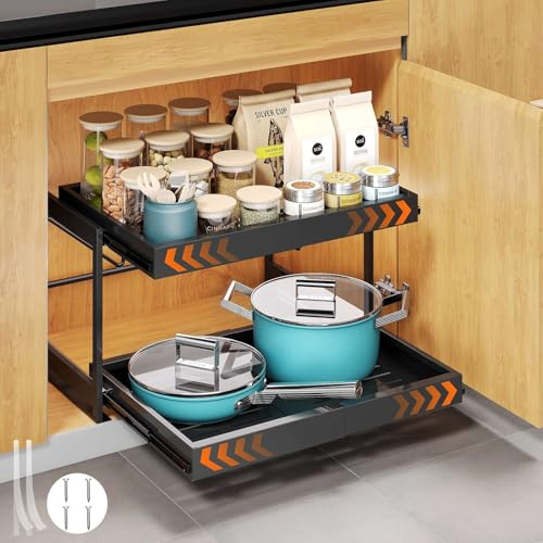 AHOMSEL 2 Etagen Gewürzregal Ausziehbar, ausziehbarer schrank organizer, 32-52cm Verstellbare Breite, Küchenschrank Schubladenauszug Slide Out Schrank mit Kleber Organizer Ordnung ohne Bohren