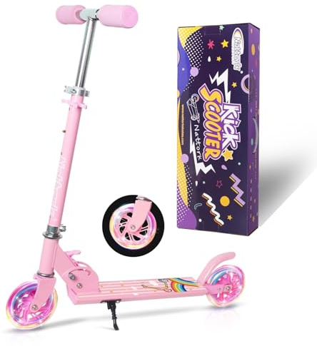 Nattork Scooter för barn, sparkcykel för flickor och pojkar, bärbar, lätt hopfällbar konstruktion med bromssystem och höjdjusterbara styren, kan upp till 50 kg – rosa