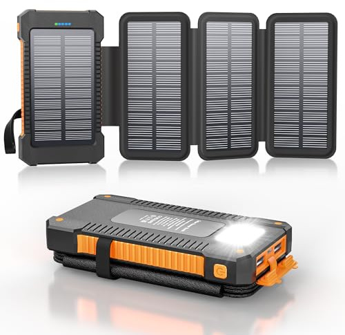Powerbank solare 26800mAh con 4 pannelli solari, power bank USB-C 18W ricarica rapida per iPhone Samsung e altro ancora, IPX7 batterie esterne impermeabili con torce elettriche