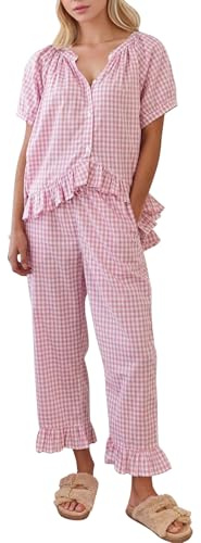 COZYPOIN Womens Gingham Pajama Set 2 Piece Plaid Cotton Pjs Cute Ruffle Sleepwear Maternity Bridesmaid Pajamas Loungewear(Pink-M)