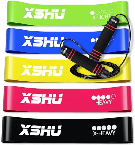 Resistance Bands Set for Men & Women – 5 Elastic Latex Bands for Glute, Leg & Home Workouts, Gym & Yoga Fitness – Includes Jump Rope, Carry Bag & Workout Guide