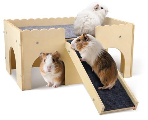 Gxpjycfob Large Wooden Guinea Pig House, Hideout Hut with Cave Stairs, Detachable Castle with Ramp, Small Animal House Habitat with 4 Entrances for Rat, Hamster, Hedgehog Hiding and Playing