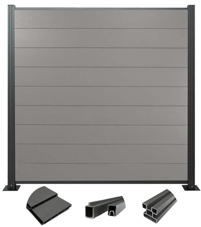 Woodstore24 WoodoZaun - WPC Sichtschutzzaun - Grau - 185 cm x 180 cm - Gartenzaun Komplettset - inkl. Pfosten Anthrazit - 1x Zaun & 2x Pfosten