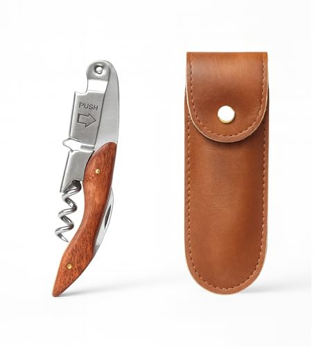 HOMVELINA Professional Waiter’s Corkscrew – Double-Hinged Wine Opener with Wooden Handle & Leather Case, Durable Stainless Steel Wine Key for Bar, Restaurant & Home