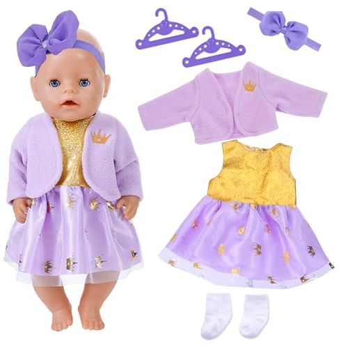 6 teilig Puppenkleidung für 35-43cm Mädchen Puppen Puppenkleider Set mit Krone Mantel Garn Tüllkleid Socken Schmetterlingsstirnband Kleiderbügel für 14-18Zoll Puppensachen Geburtstagsgeschenk (Lila)