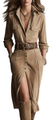 Robe chemise pour femme à manches longues en faux daim - Décontractée - Col en V - Boutonnière - Robe tunique vintage - Couleur unie - Robe midi - Ligne A - Robe chemise d'hiver avec ceinture, A-beige