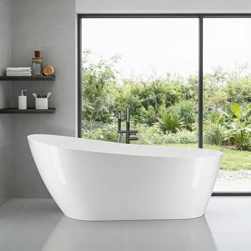 59 Acrylic Freestanding Soaking Bathtub, Free Standing Tub, Stylish Stand Alone Contemporary Soaking Tub with Integrated Overflow and Drain In Chrome, cUPC Certified
