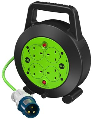 SLx 10m Camping Extension Lead Reel, 16A Hook-Up Plug to 4 Gang 13A UK Sockets, Cassette Cable Reel with Thermal Cut-Out & Indicator Light, Caravan & Motorhome Power Cable