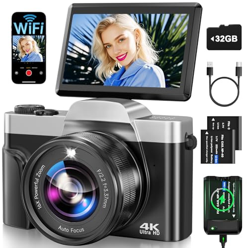 Digitalkamera, 4K 64MP Autofokus Kamera Fotokamera Mit WLAN, 3 180° Klappbarer Bildschirm Digital Kamera mit 32GB Karte, Ladestation, 2 Akkus Fotoapparat Kompaktkamera für Anfänger Teenager -Schwarz