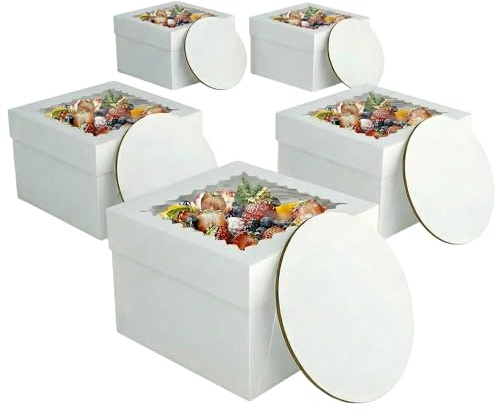BOPLYBAY 5 Stück Extra Hohe Tortenkartons (25x25x20 cm) mit Cake Boards, Weiße Kuchenschachtel mit Sichtfenster, Stabile Transportbox für Drip-Cakes, Kuchenverpackung