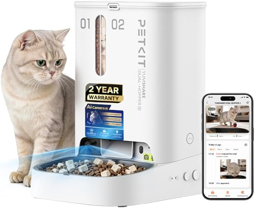 PETKIT Automatic Cat Feeder with Camera, Facial Recognition for Cats | Yumshare Double 2, 3L Pet Dry Food Dispenser, 1080P HD with Night Vision, 2-Way Audio, App Control, Work with Alexa/Siri