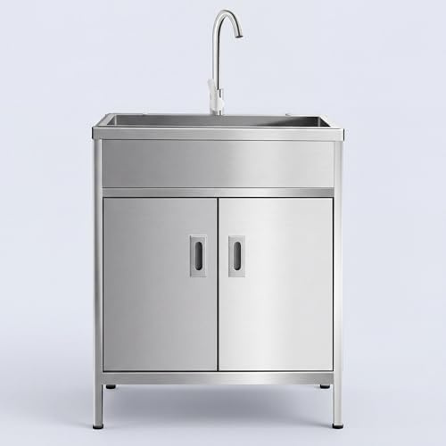 Fdzylyg Évier Cuisine Extérieur en INOX 304 avec Meuble, Évier de Jardin Autoportant, Kit Robinet, Tuyaux et Siphon Anti-Débordement, pour Barbecue, Jardin, Garage et Buanderie(60x45x80cm)