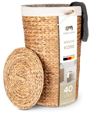 Casa Mina® Wäschekorb mit Deckel D35 x H55cm hoch I Atmungsaktiver Wäschekorb geflochten aus 100% Naturfaser I Robuster Wäschesammler mit Griffen & waschbarem Innensack I Wäschekörbe - Lombok