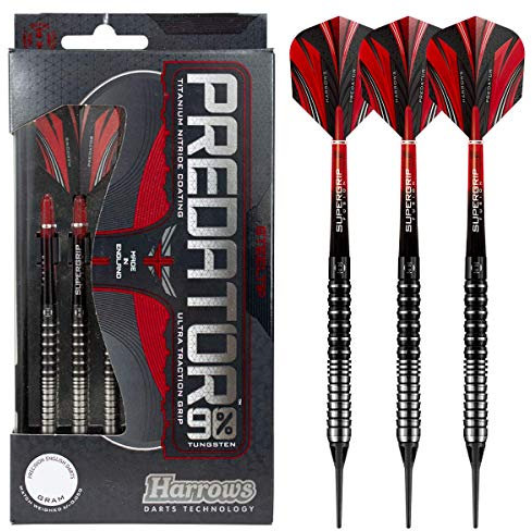 Harrows Predator Darts-Set mit weicher Spitze aus 90% Wolfram – 18 g und 20 g – inklusive Ultra Traction Grip, Supergrip Fusion Shafts, Prime Flights und Reiseetui (18g)