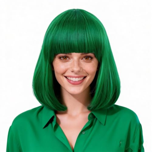 TANTAKO Kurze Grün Bob Gruen Perücke mit Pony für Damen Synthetische Perücken für St Patricks Day Halloween Canival Cosplay Kostüm