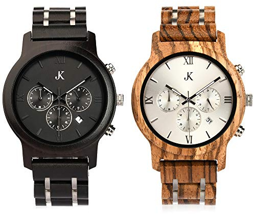 Kim Johanson Herren Holz-Edelstahl Armbanduhr *Air Force* in Hellbraun & Dunkelbraun Chronograph mit Einem Gliederarmband Handgefertigt Quarz Analog Uhr inkl. Geschenkbox