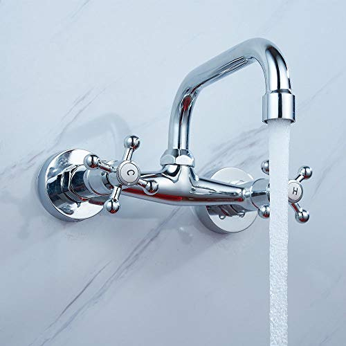 Küchenarmatur, Wasserhahn mit schwenkbarem Auslauf, Retro-Stil, Antik-Look, zwei Drehregler, zwei Befestigungslöcher, massives Messing, zur Wandmontage
