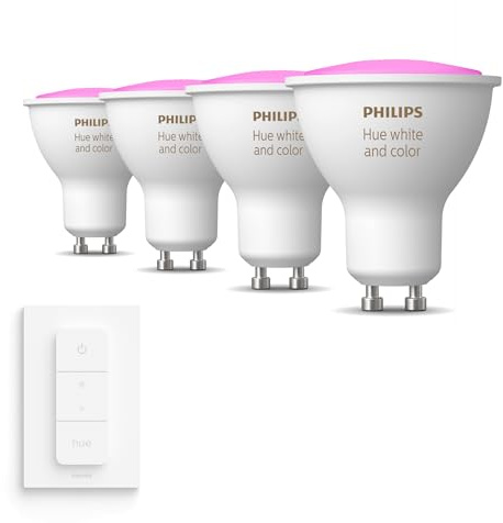 Philips Hue Vorteilspaket - GU10 - mit 4 Spots - Weißes und Farbiges Licht - inkl. 1 Hue Dimmschalter - Hue White and Color Ambiance