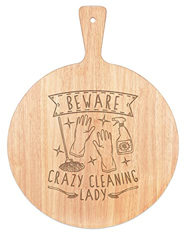 Beware Crazy Cleaning Lady Pizza Board Paddle Serving Tray Handle Round Wooden 45x34cm